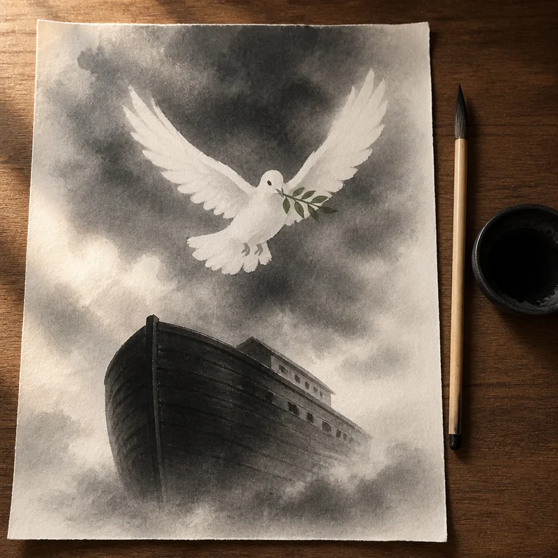 Noah's dove over the ark, ink wash painting