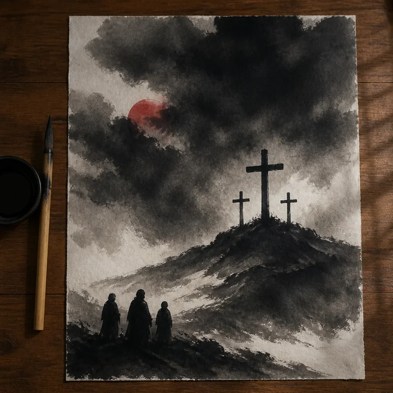 Three crosses on the hill, ink wash painting