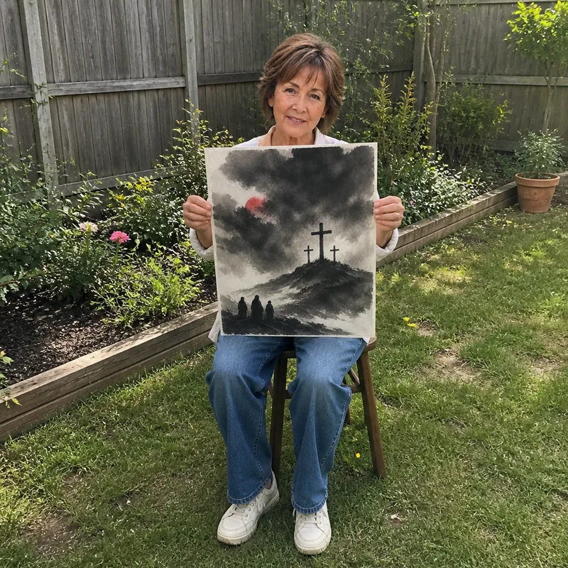 Grace Bennett in her garden holding one of her Bible ink paintings