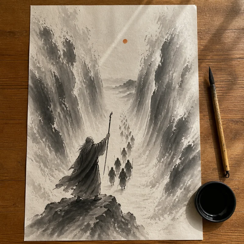 The parting of the Red Sea in ink wash