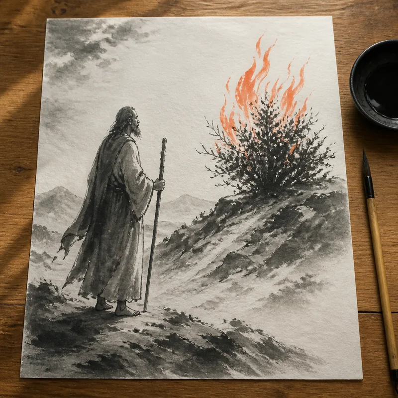Moses and the burning bush in ink wash