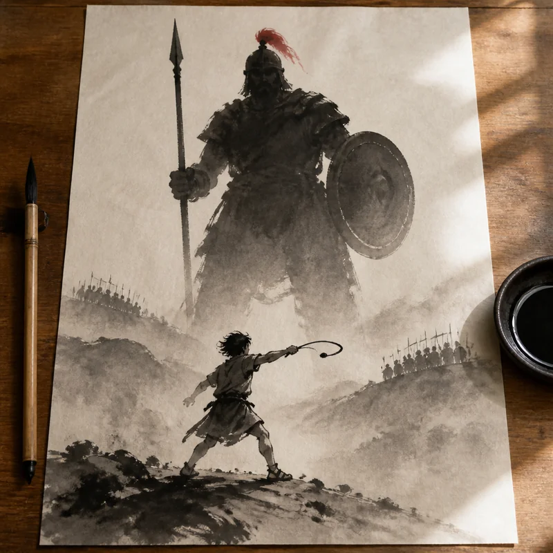 David and Goliath in ink wash