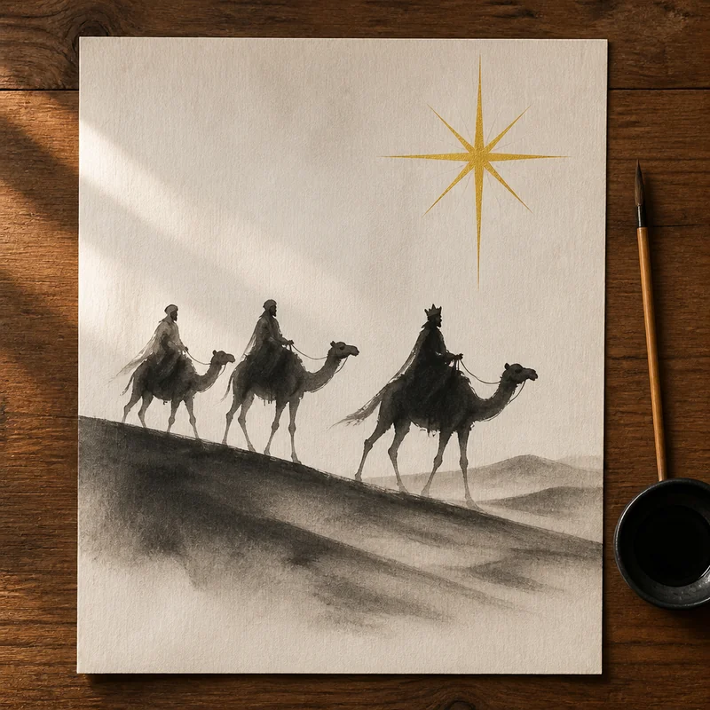 The magi following the star in ink wash