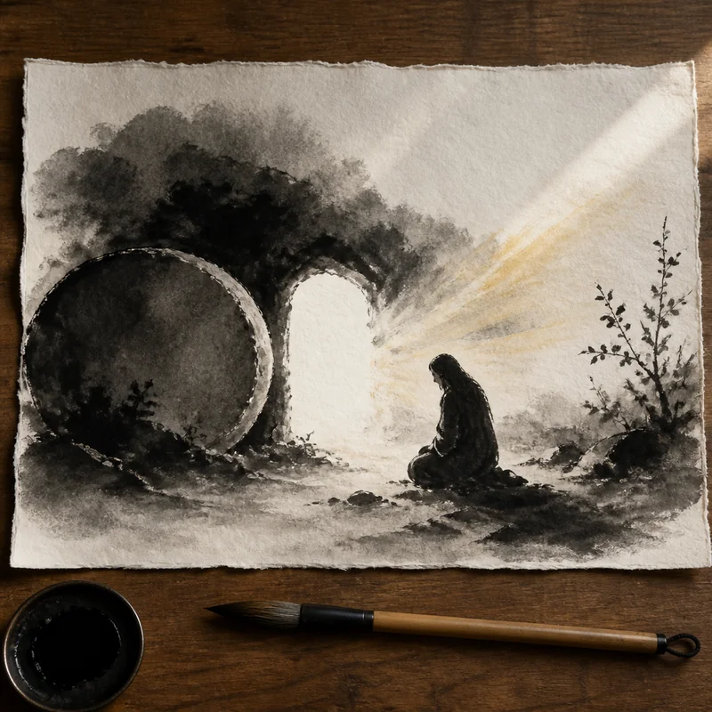 The empty tomb in ink wash