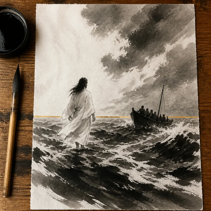 Jesus walking on the water, painted in ink wash