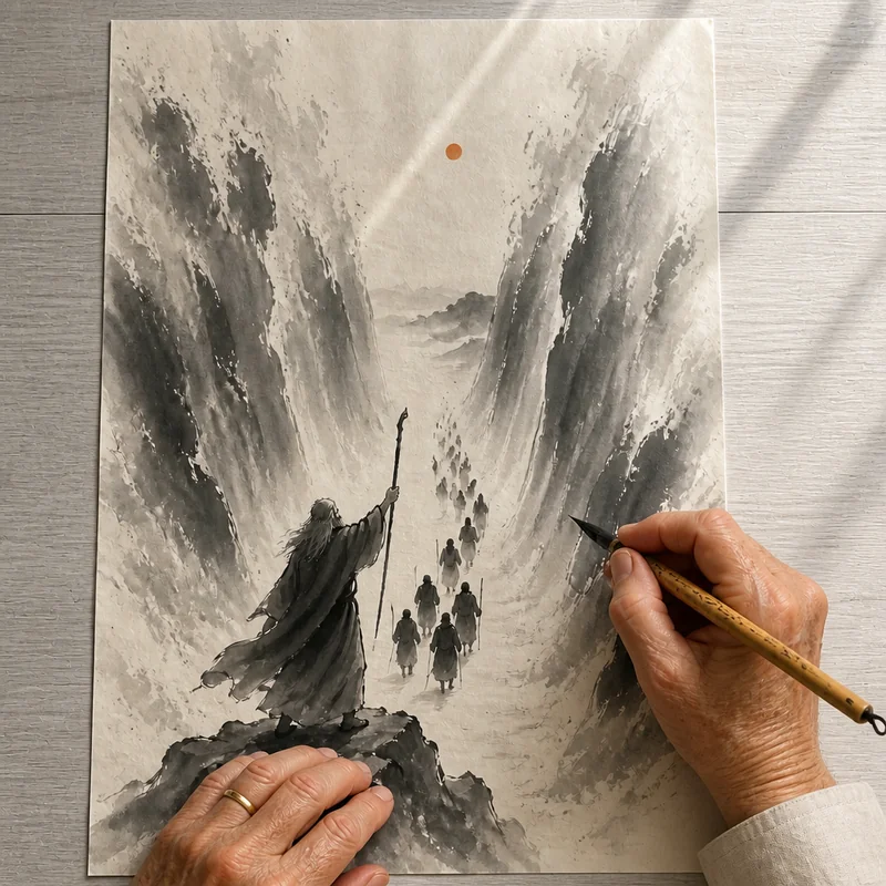 The parting of the Red Sea, painted in ink wash